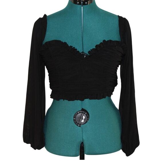 Mable Black Ruched Ruffle Sheer Long Sleeve Crop Top Size M - Picture 1 of 3